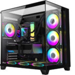 RUIX OV403 ATX Mid-Tower PC Case, Pre-Installed 4 x 120mm Prism ARGB PWM Fans and Graphics Card Holder, Three-Sided Tempered Glass Panels, USB 3.0 & Type-C Ports, Gaming Computer Case - Black